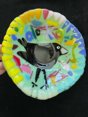 Wonderful Life” Fused Art Glass  Handmade 8”Bowl Mint Green Crow Design Original